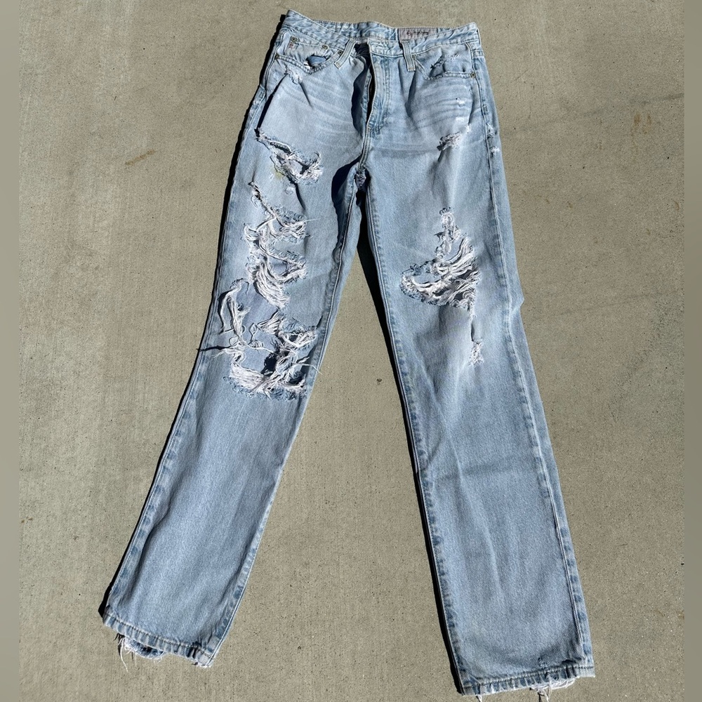 Aged Denim High Rise Distressed Straight Leg Jeans Size 27R